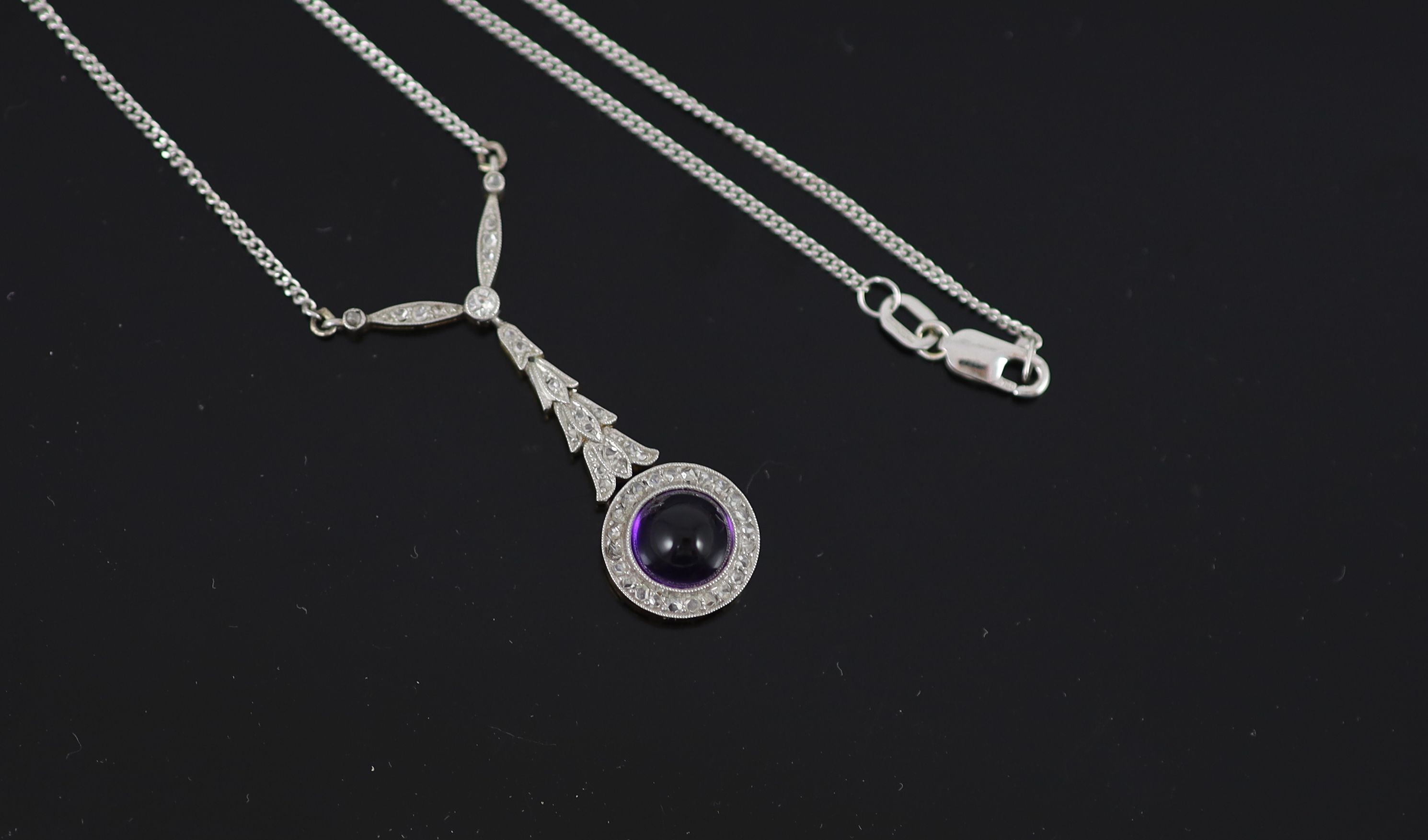 An 18ct gold, cabochon amethyst and rose cut diamond set drop pendant necklace